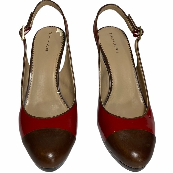 TAHARI Red Parent / Leather Sling Back Size 8M Women's Shoes With Brown Toe Cap - Picture 1 of 15